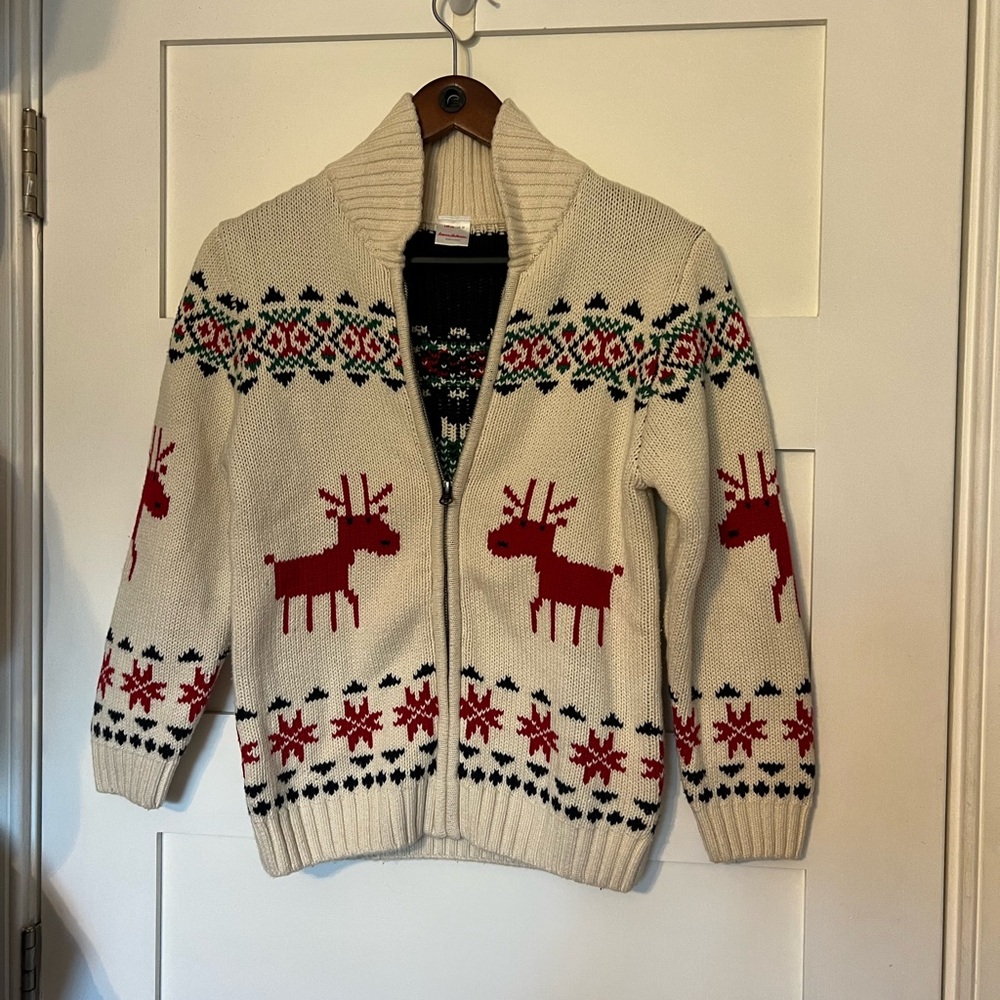 Hanna Andersson Cream Zip-Up Holiday Sweater with Red Reindeer
